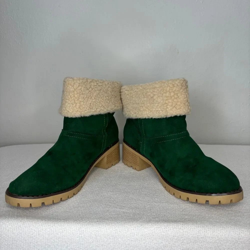 Green Ankle Boots Christmas Holiday Fuzzy Sherpa Heel Sz 9.5 Women's Winter Boot